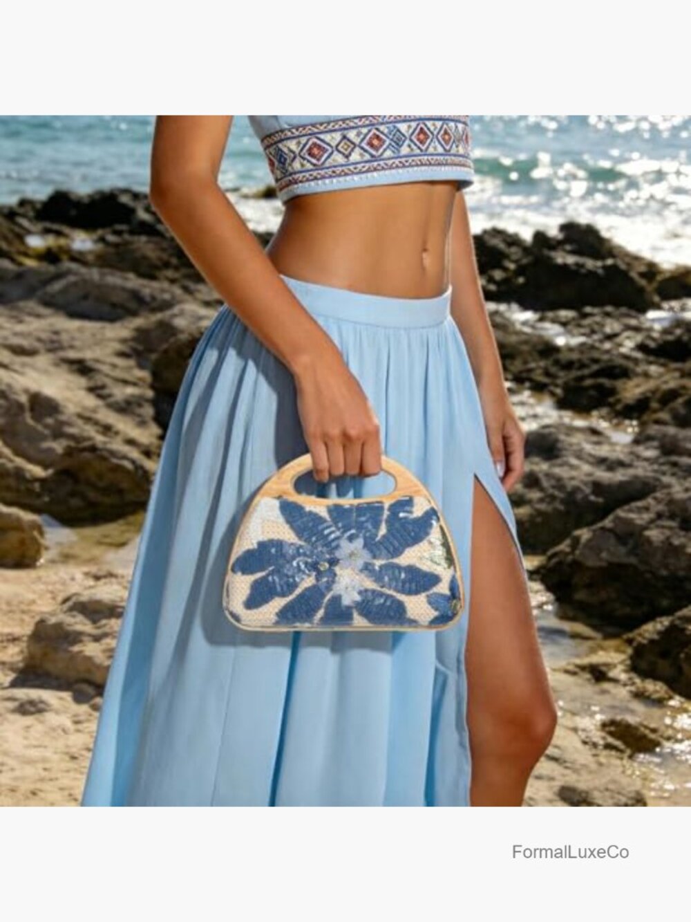 Floral Beaded Straw Clutch Embroidered Evening Purse Women - Picture 2 of 7